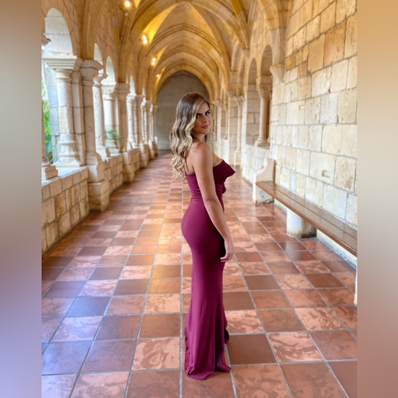 Lulus Burgundy Ruffled Strapless Maxi Dress with Slit - Picture 2 of 4